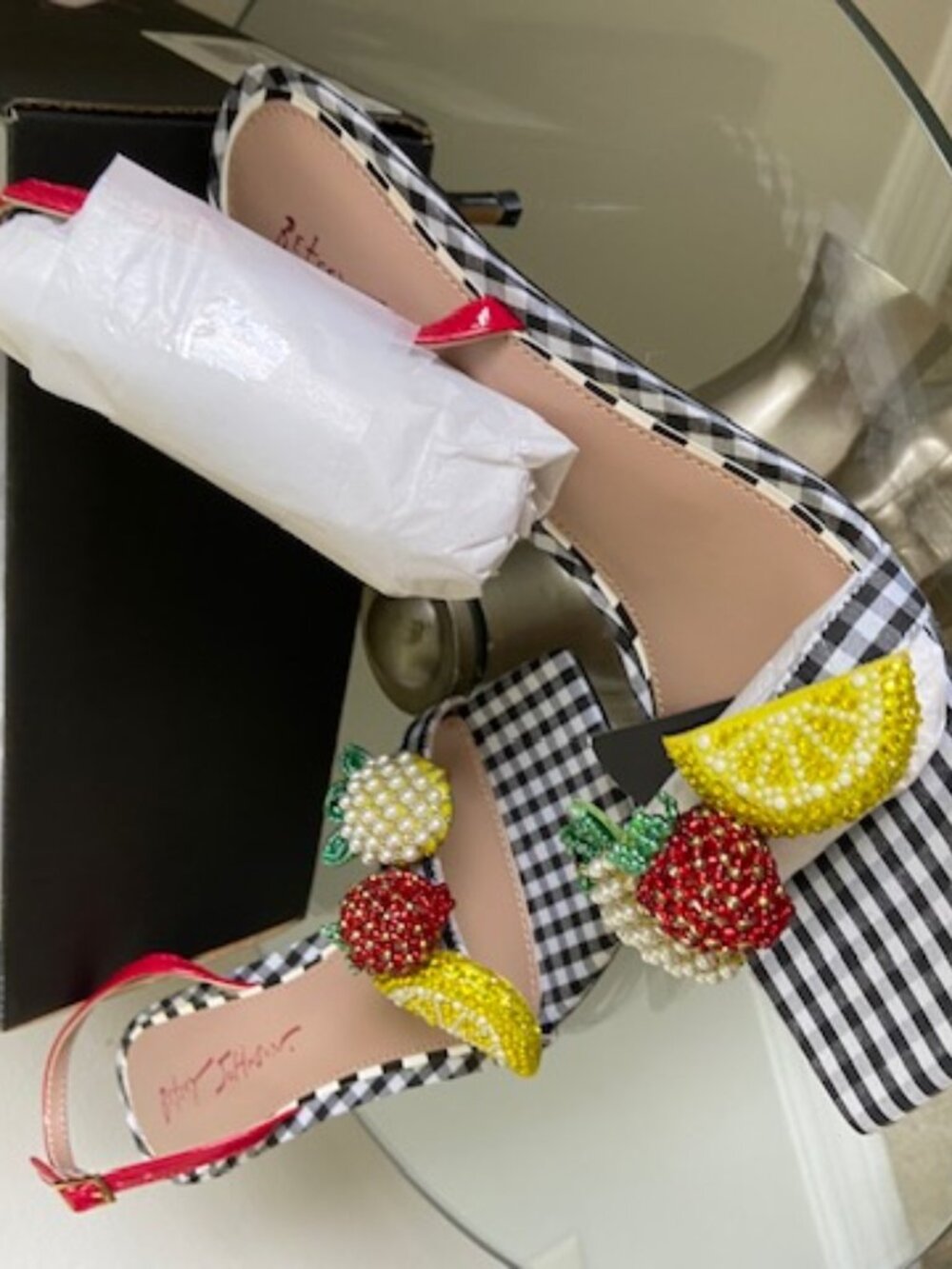 NWT Betsy Johnson Fruit Embellished Black Multi Kitten Heel Sandal - Size 9